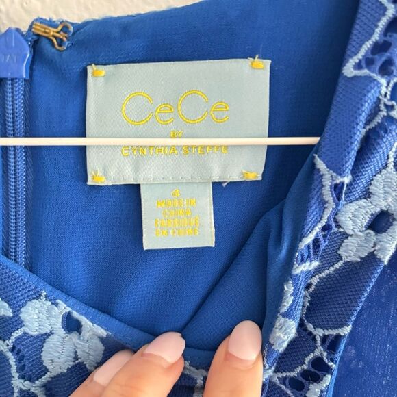Cece Medium Mini Lined Blue Floral Lace Tank Crew Dress Size 4 - Picture 3 of 3